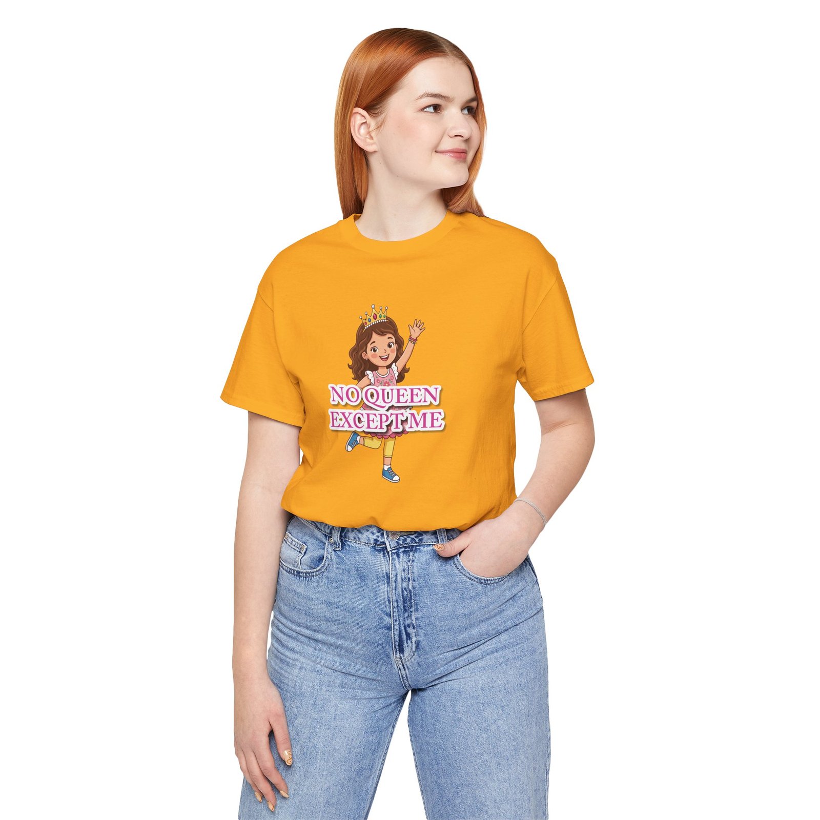 A girl wearing an orange 'No Queen Except Me' t-shirt featuring a whimsical crown illustration.