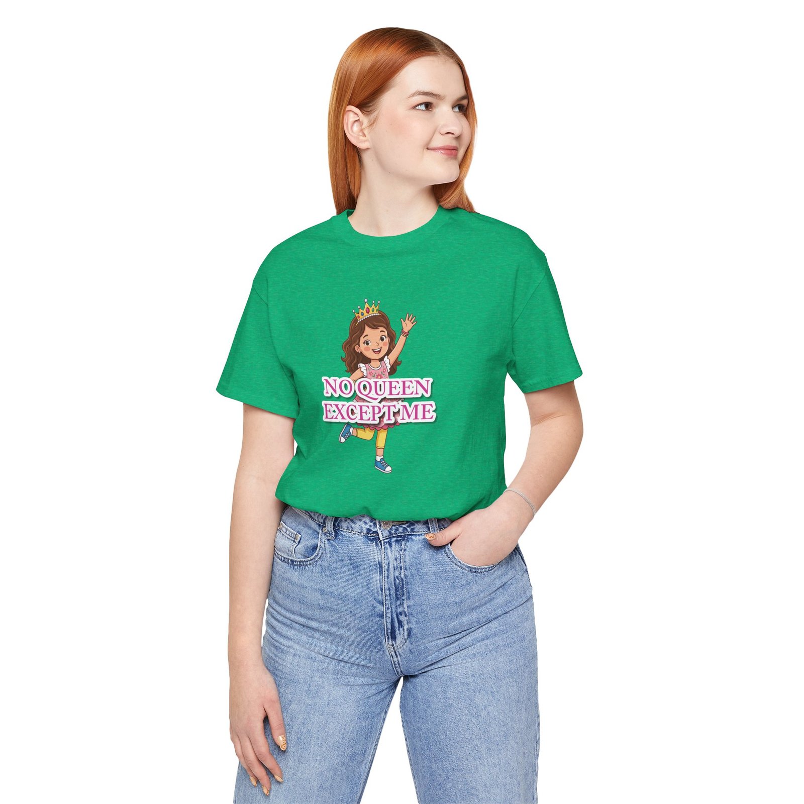A woman wearing a green No Queen Except Me Tee girls' t-shirt with a crown illustration and pink lettering.