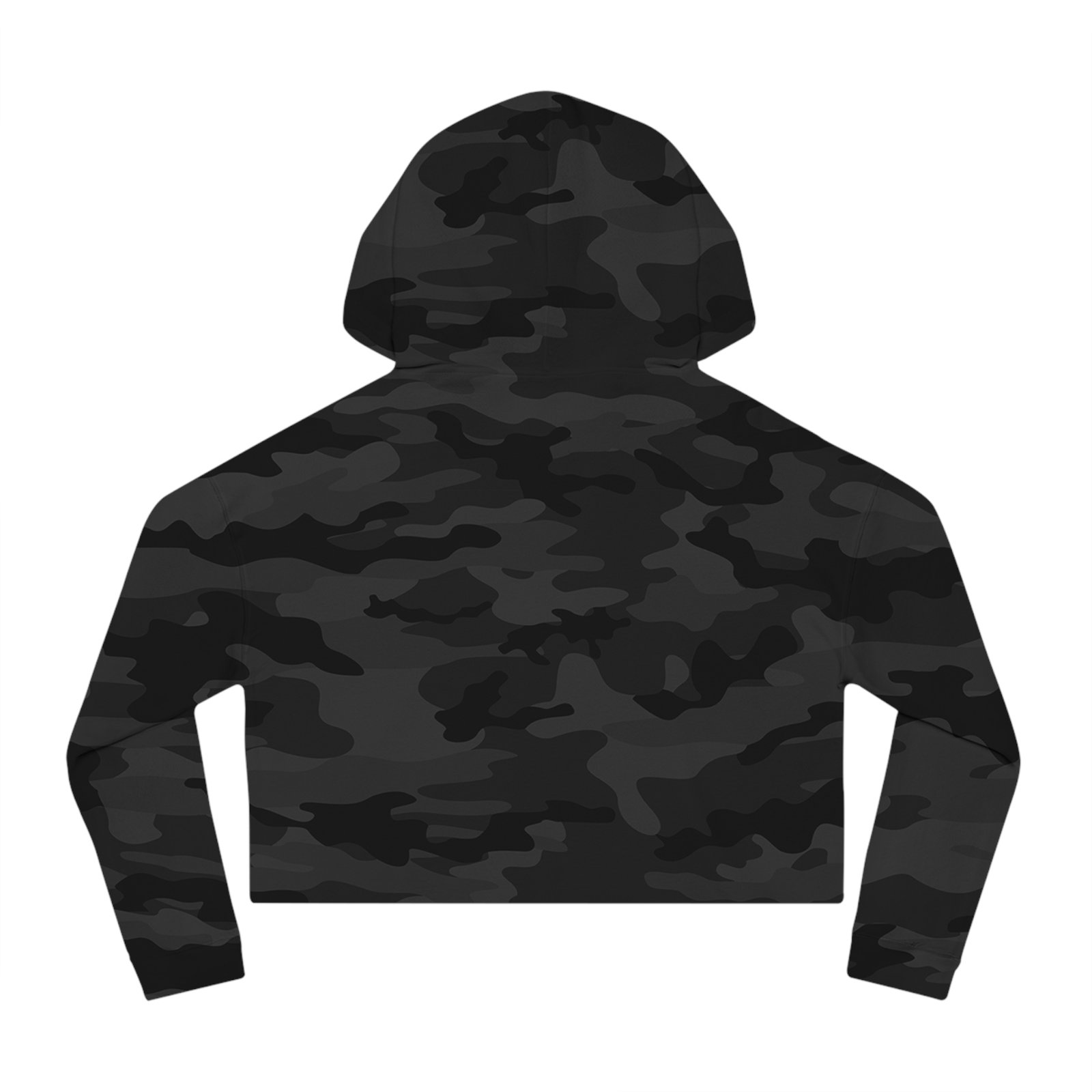 Back view of a black camouflage print relaxed cropped hoodie with an adjustable hood.