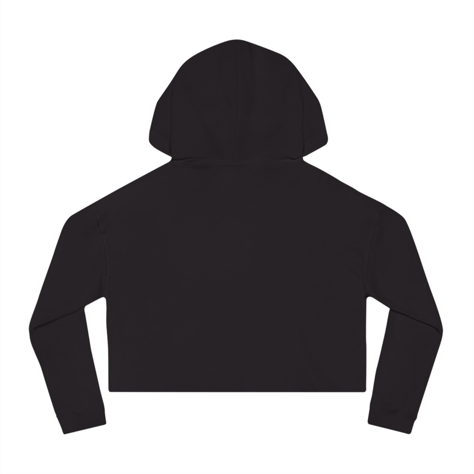 Back view of a black cropped hoodie with an adjustable hood and long sleeves.