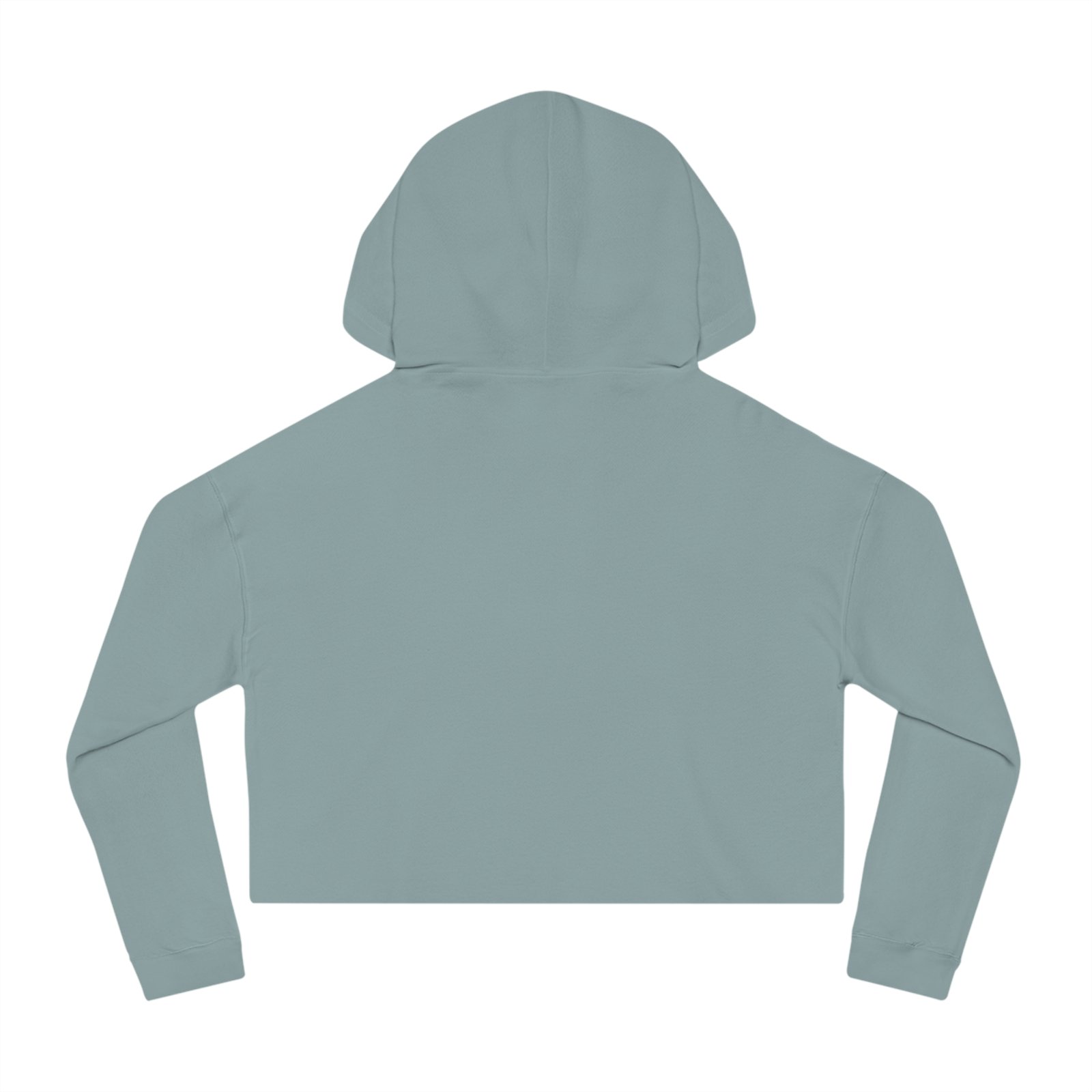 Back view of a cropped, light purple hooded sweatshirt with long sleeves and ribbed cuffs.