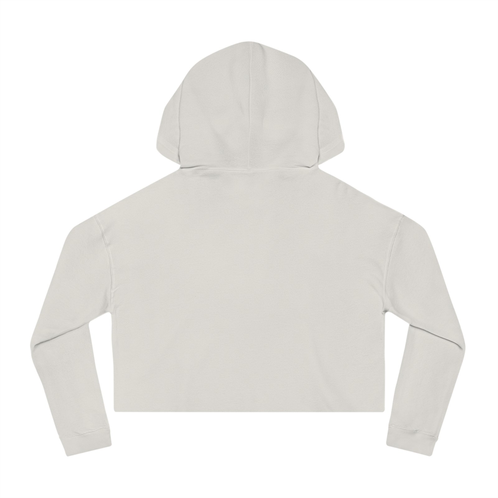 Back view of a light blue relaxed cropped hoodie with an adjustable hood and long sleeves.