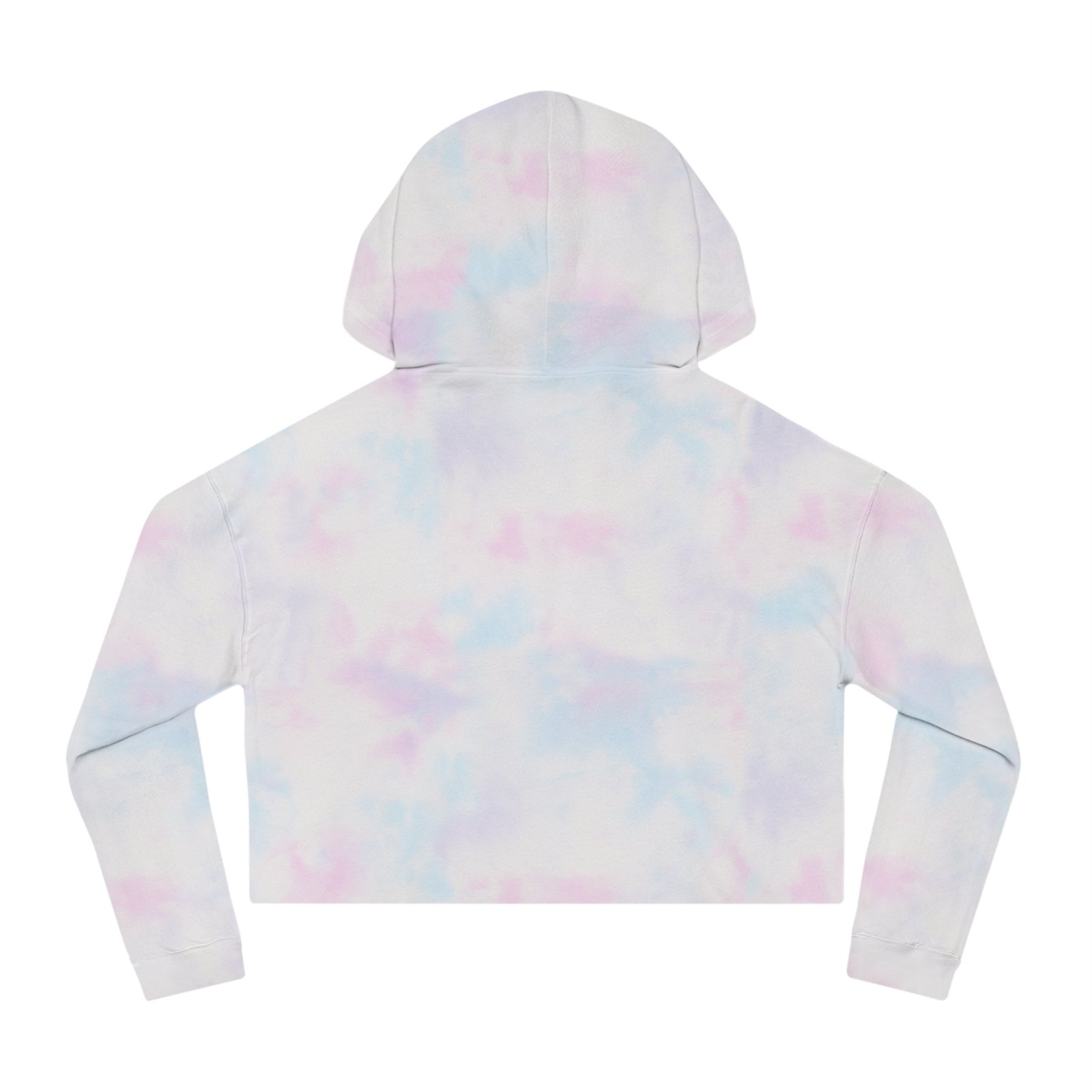 Back view of a light pastel tie-dye cropped hoodie with long sleeves and an adjustable hood.