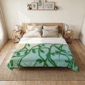Botanical Vines Cotton Comforter featuring green hand-drawn leaf motifs on a light teal background.