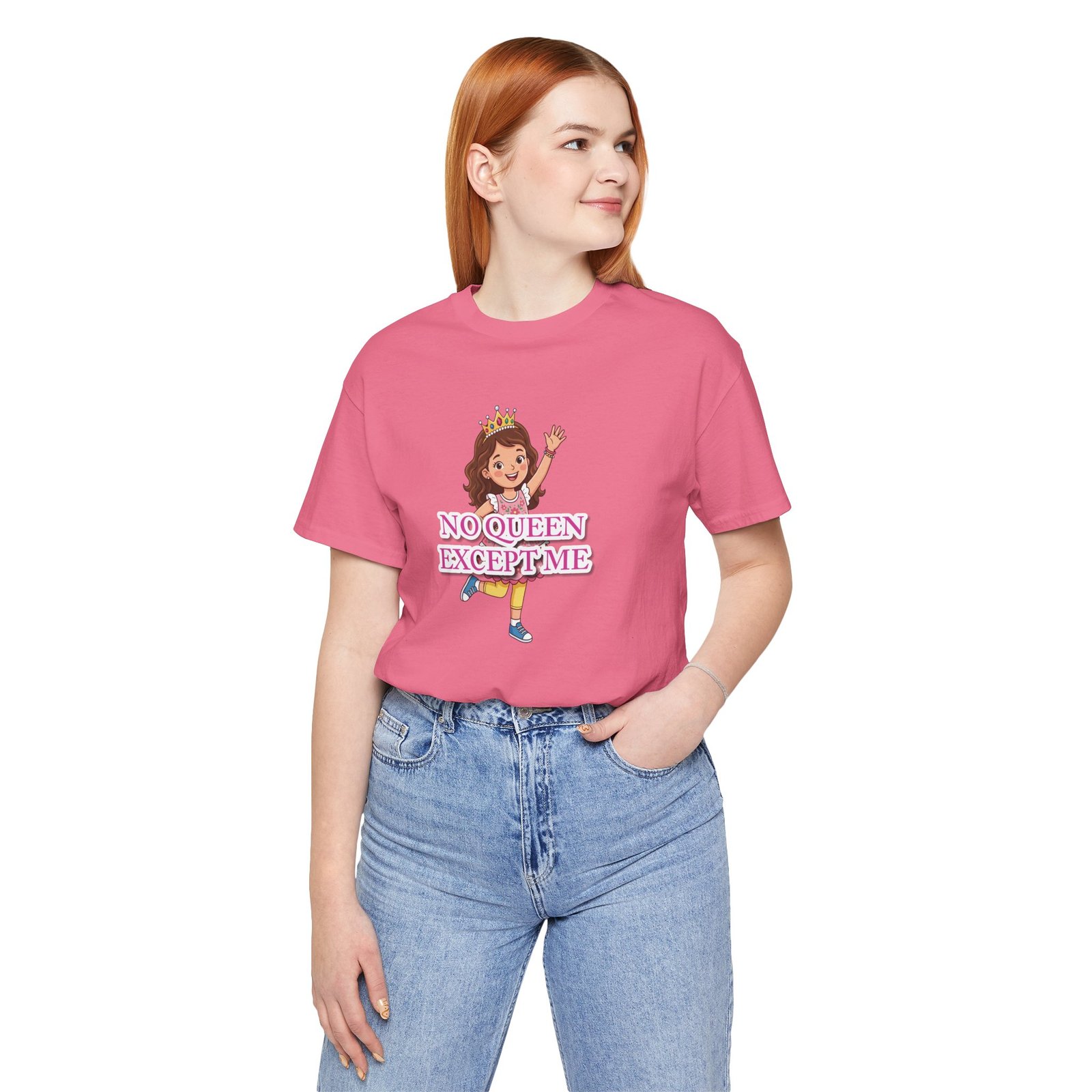 Girl wearing a pink No Queen Except Me Tee with a whimsical queen illustration and crew neck.