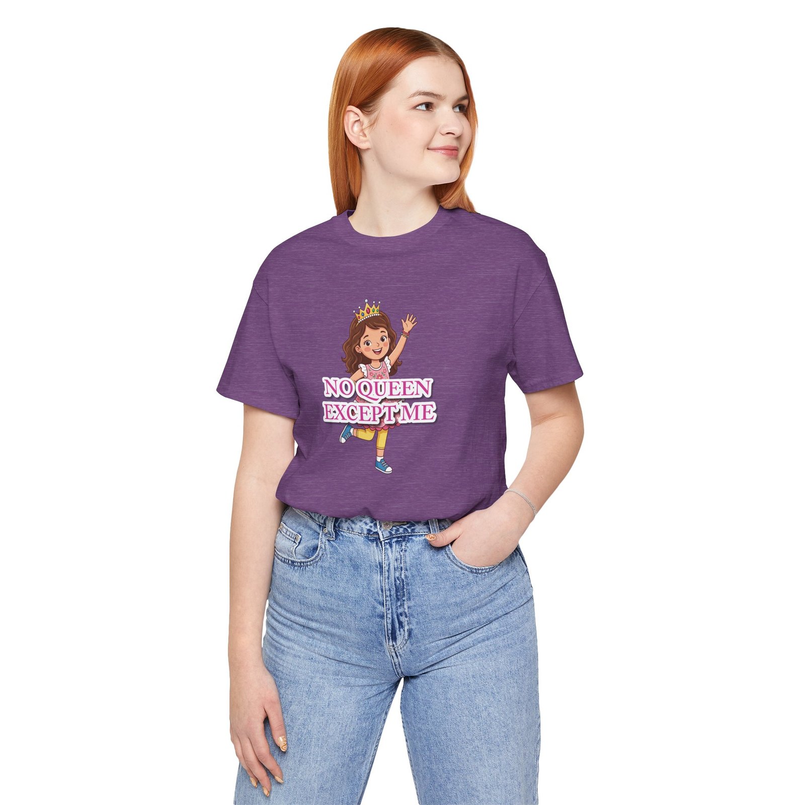 Girl wearing a purple No Queen Except Me Tee with a whimsical illustration of a little queen.