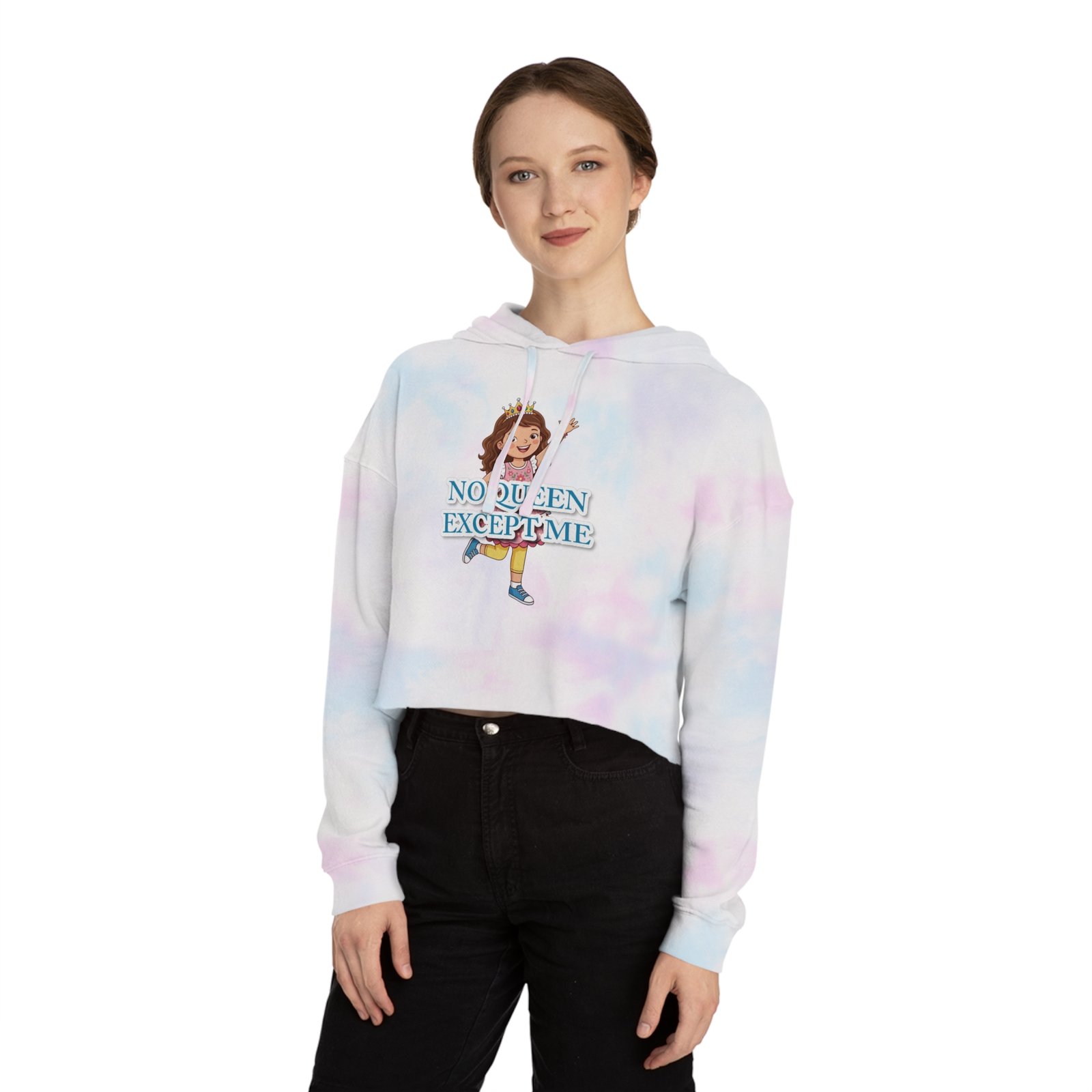 Model wearing No Queen Except Me cropped hoodie in blue and pink tie-dye with a crown character graphic.
