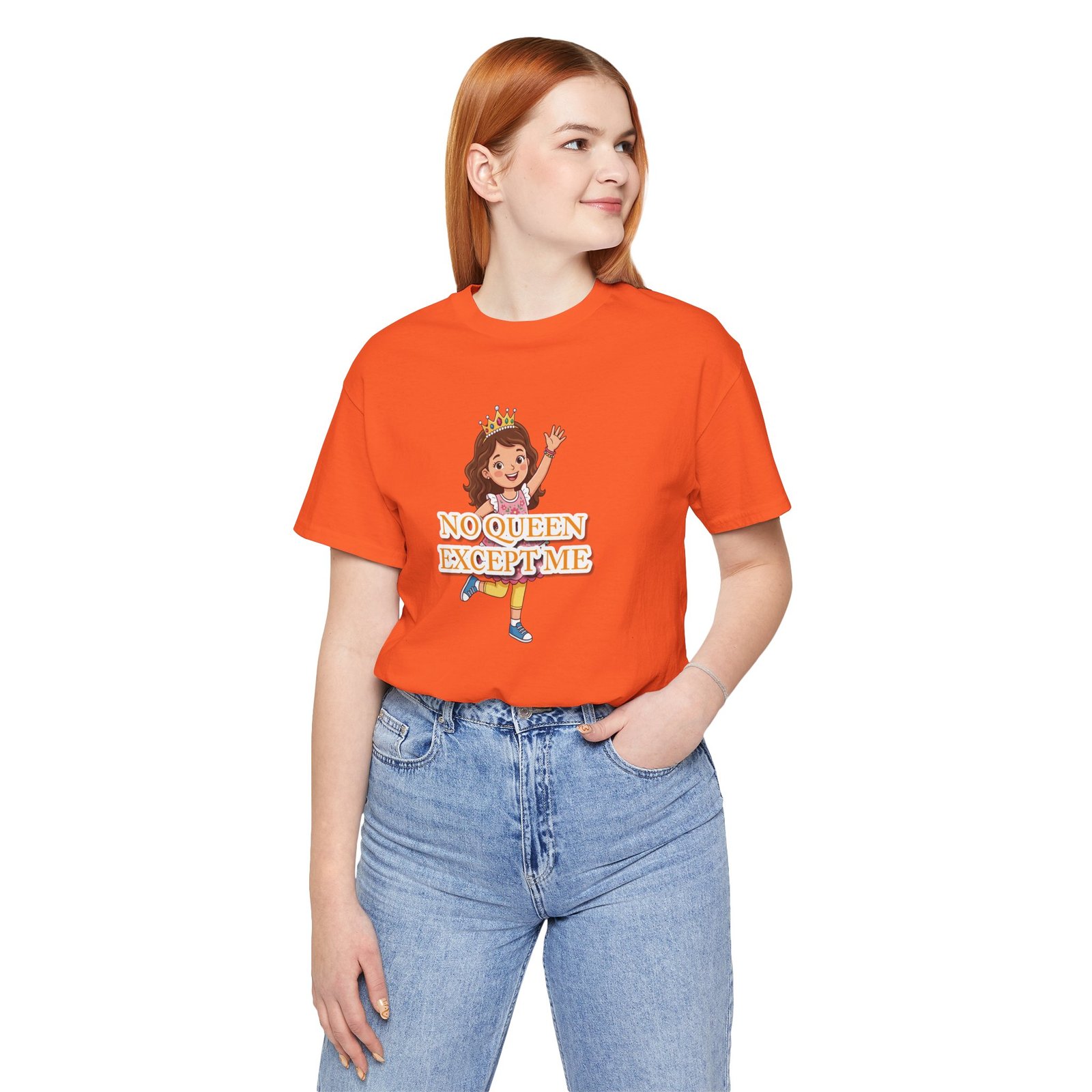 Orange Girls' No Queen Except Me Tee featuring a smiling girl with a crown and bold empowering text.