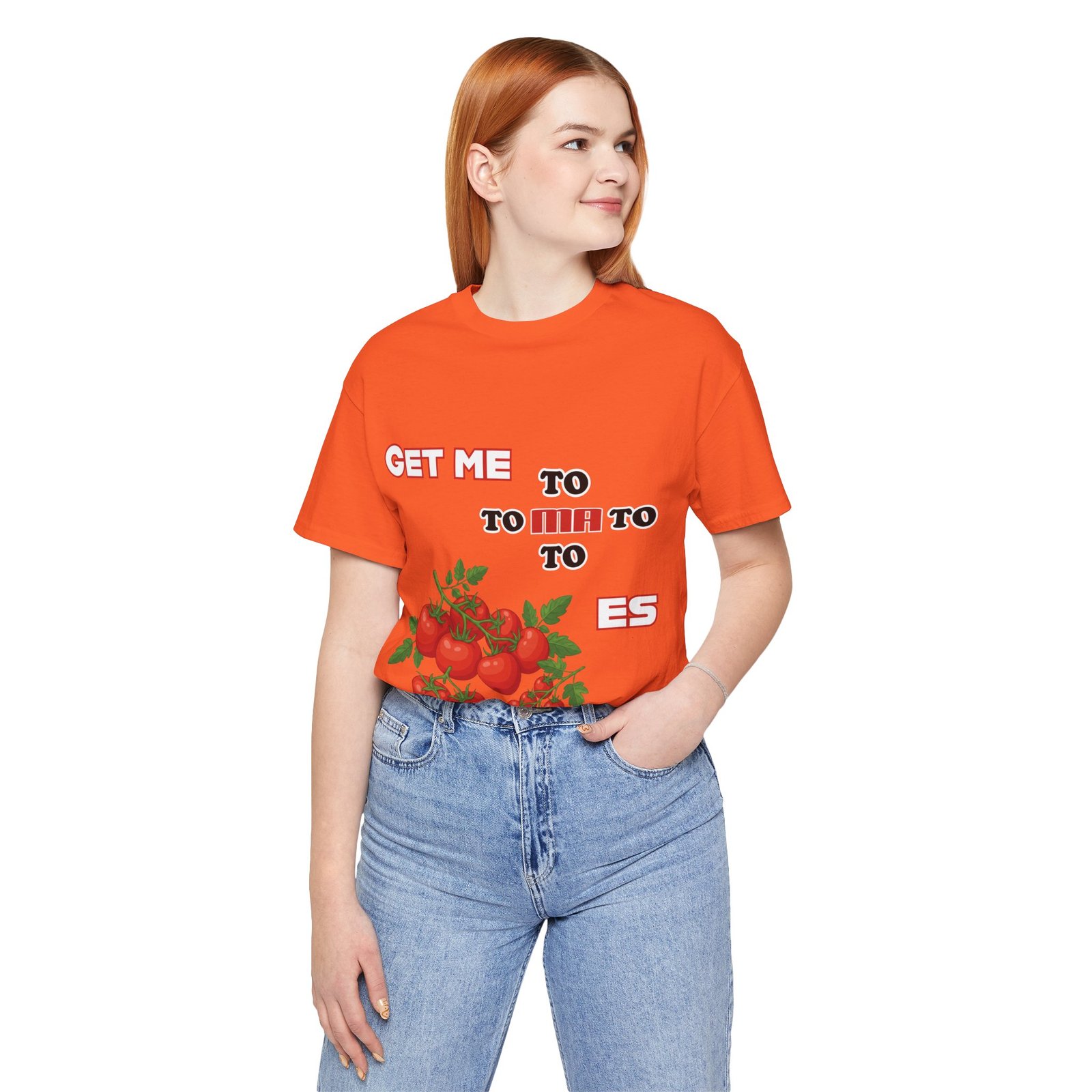 Orange t-shirt featuring a playful tomato cluster design and fragmented vintage-style text reading "Get Me To Ma To Toes".