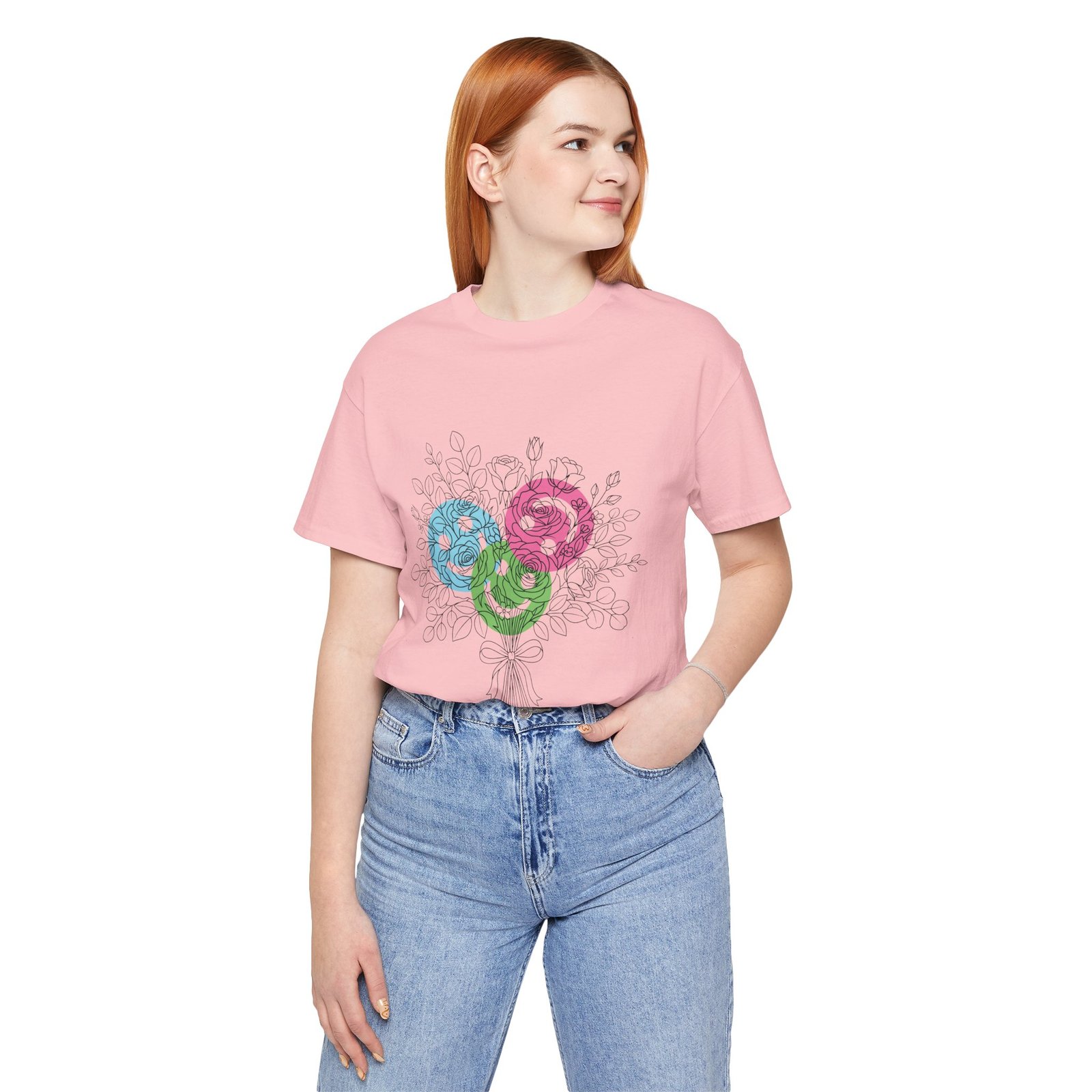 Pink t-shirt featuring a hand-drawn bouquet of teal, magenta, and lime spiral flowers.