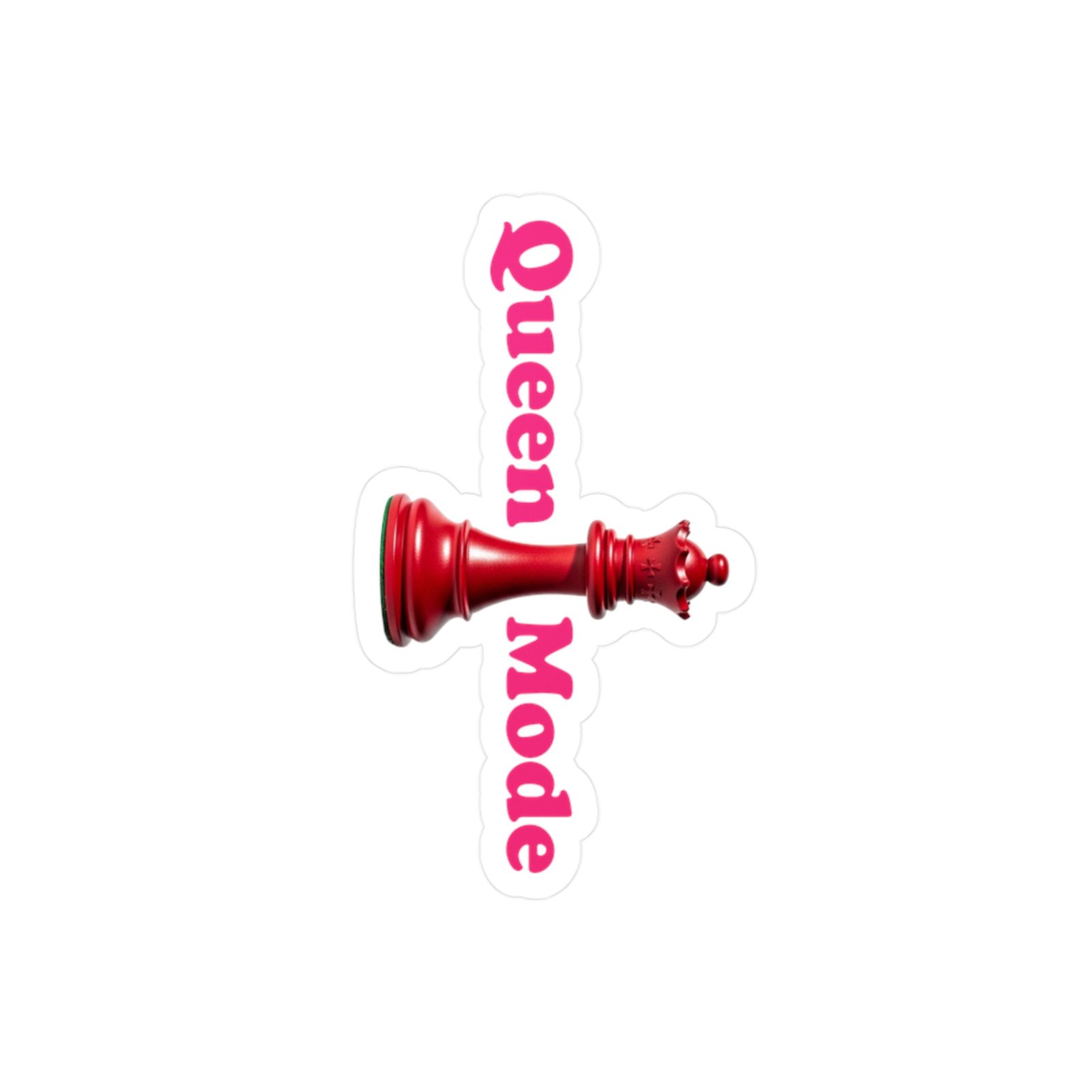 Red chess queen piece with pink Queen Mode text vertically wrapped, featuring a white kiss-cut border.