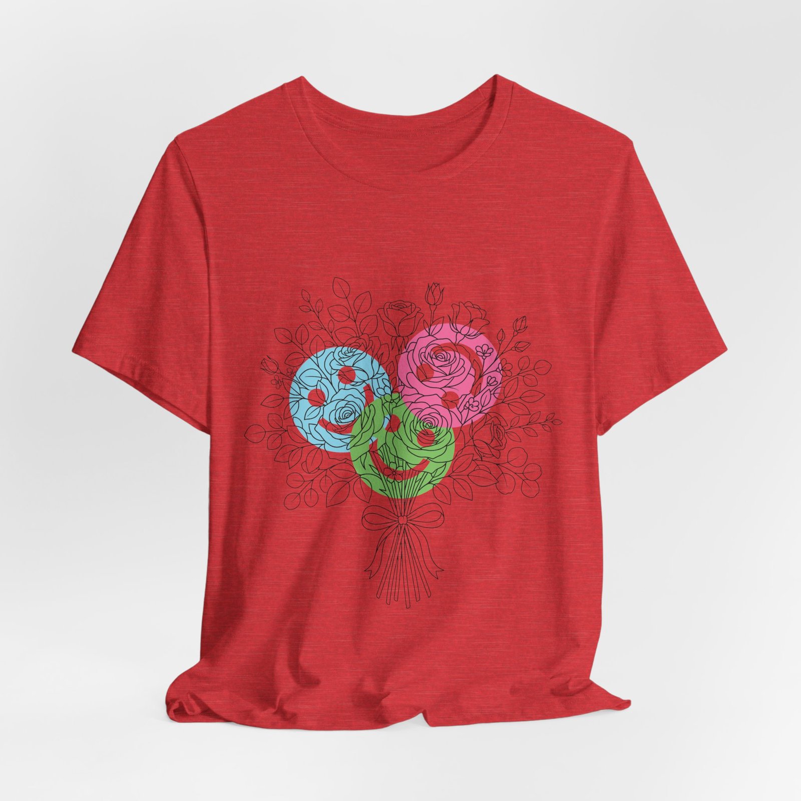Red t-shirt featuring a hand-drawn bouquet with three colorful spiral flower blooms in teal, magenta, and lime.