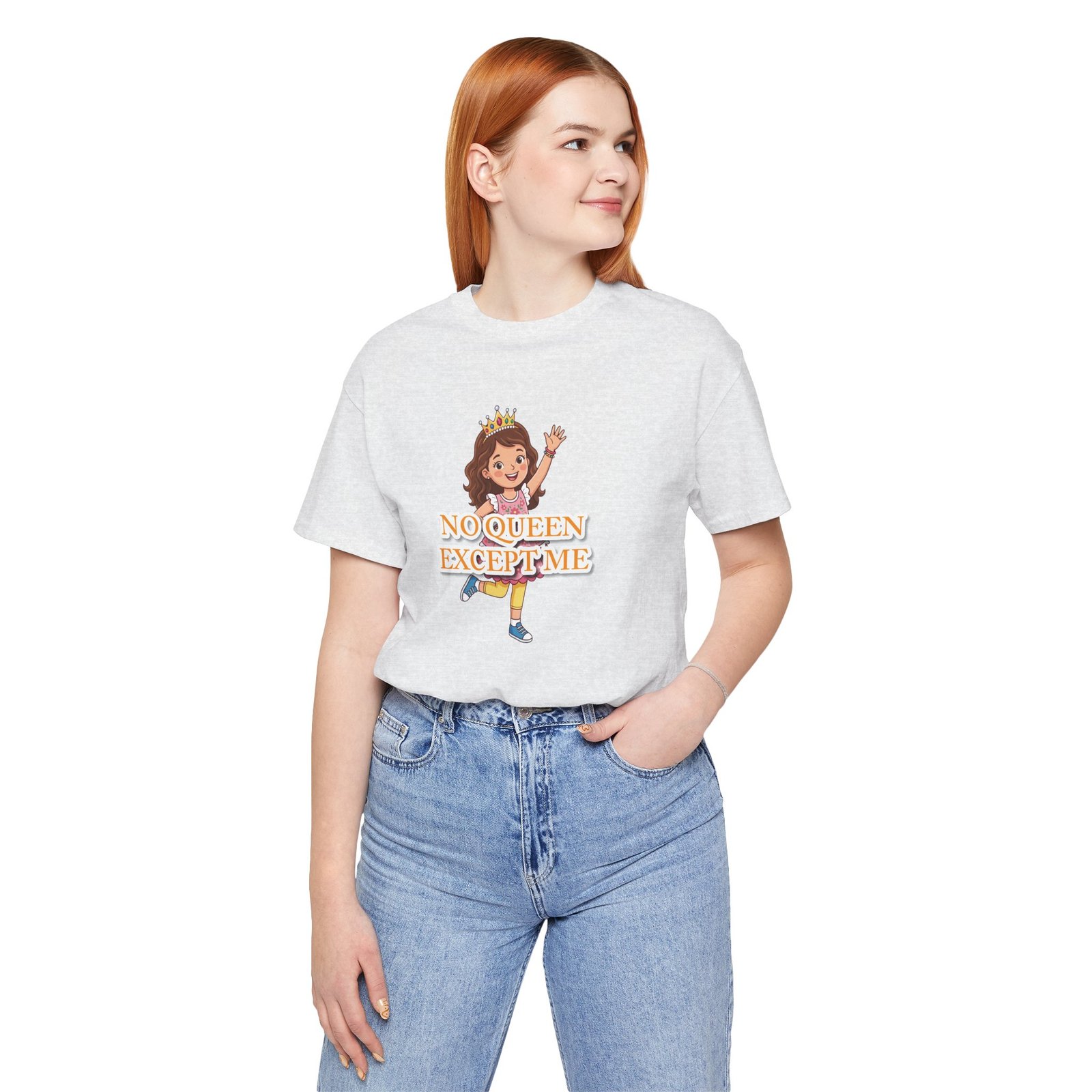 White girl's T-shirt featuring a cartoon girl with a crown and gold 'No Queen Except Me' lettering.