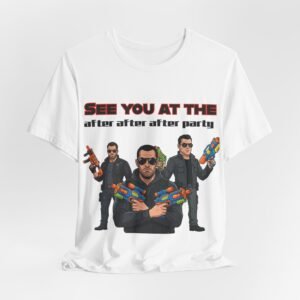 White t-shirt featuring a trio of sunglasses-clad characters with colorful toy blasters and "SEE YOU AT THE after after after party" text.