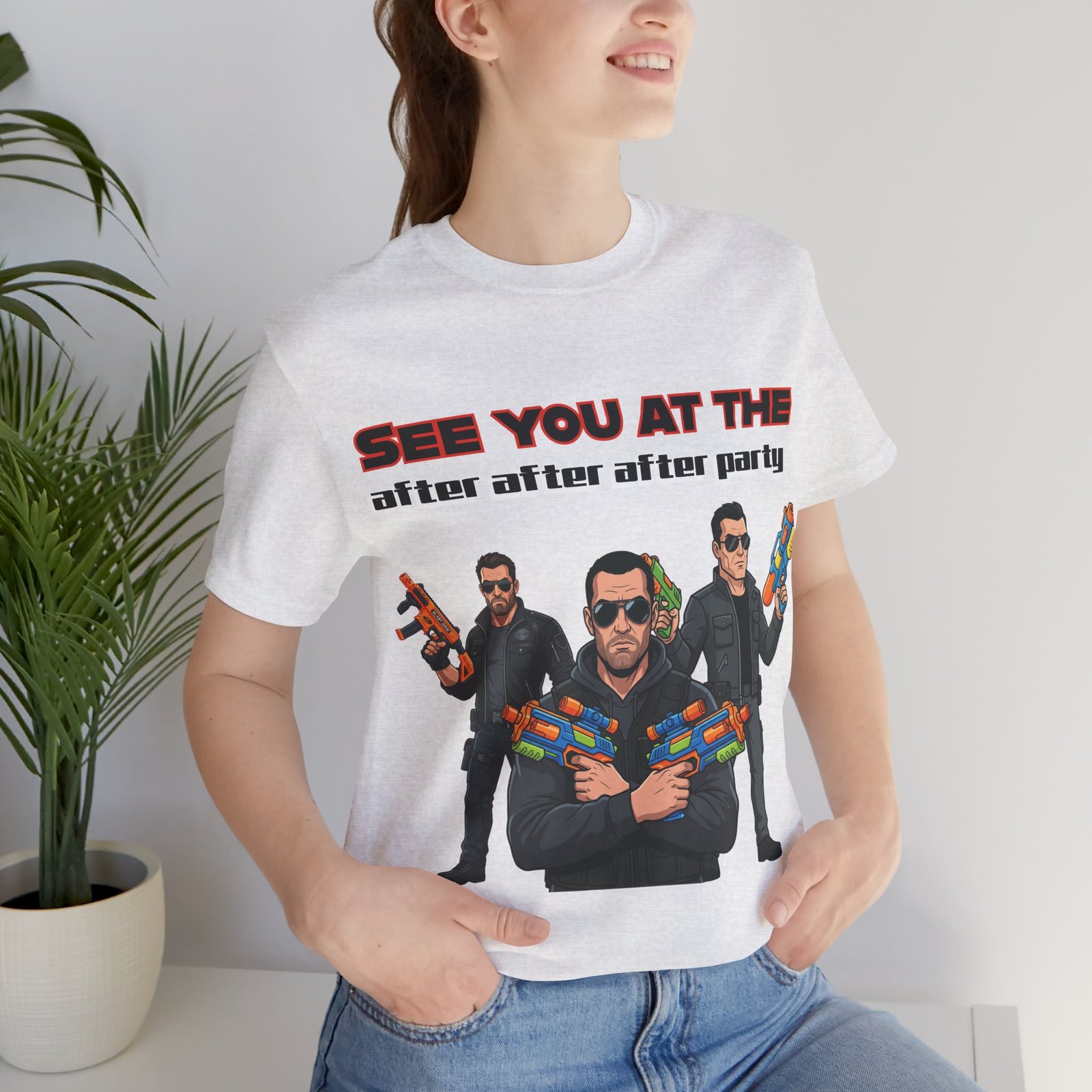 White t-shirt featuring three sunglasses-clad characters with colorful toy water guns and the text See You At The After After After Party