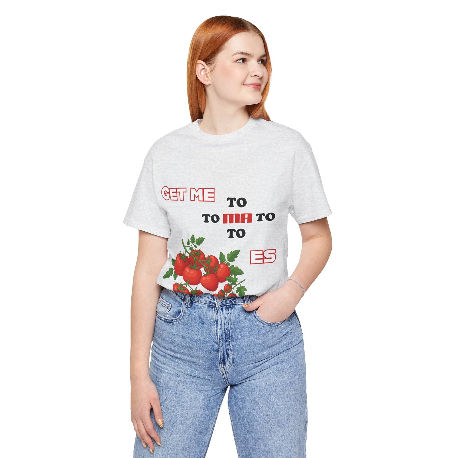 Woman wearing a white Get Me To Ma To Toes t-shirt with vintage tomato illustration.