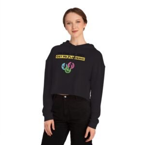 Woman wearing black cropped hoodie with 'I'm Fine! I'm OK!! GET ME FLOWERS!' yellow text and colorful floral graphic.